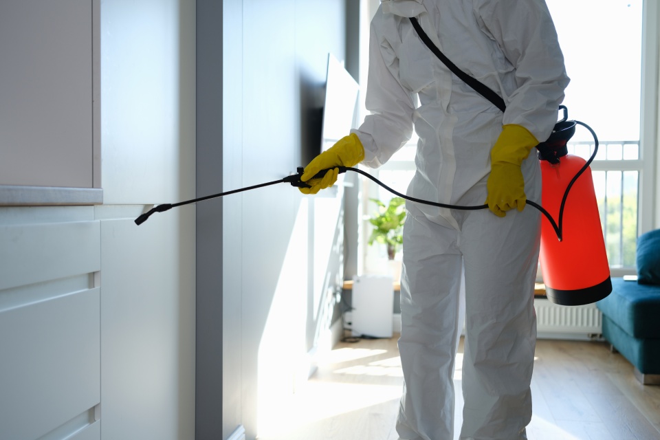 Persona en traje protector desinfectando una vivienda